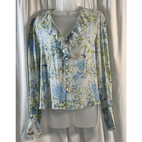 I.E.‎ Blue Green Floral Silk Ruffle V-Neck Button Down Top 10 Cottagecore 79-42 - Picture 14 of 14